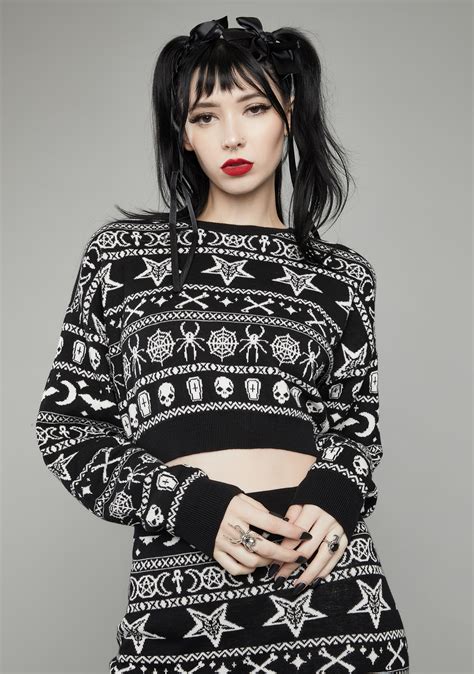 Dolls Kill Goth Spooky Print Crop Knit Sweater Dolls Kill