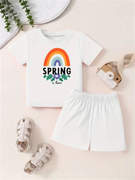 Boys Rainbow Letter Print Short Sleeve Outfit Crew Neck T Temu Ireland