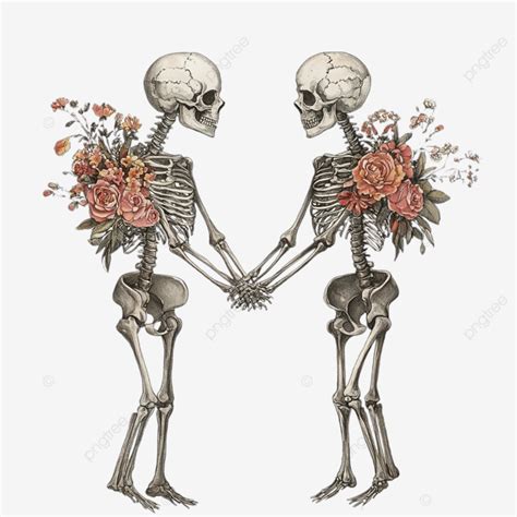 Skeletons With Flowers Holding Hands Art Skeletons Flowers PNG