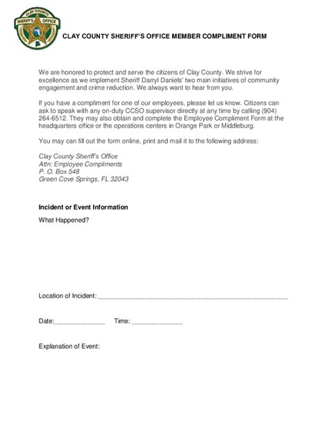 Fillable Online Clay County Sheriffs Office Member Compliment Form Fax