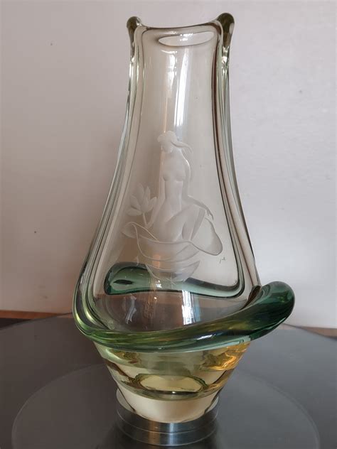 Art Deco Zelezny Brod Sklo Vintage Naked Lady Cut Glass Vase By