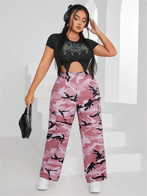 Shein Icon Plus Camo Print Flap Pocket Side Cargo Jeans Shein Usa