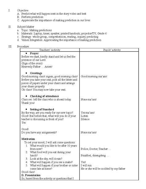 Making Predictions Lesson PLAN - I. Objective A. Predict what will happen next in the story