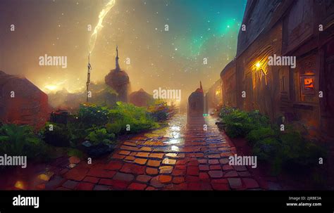 Colorful Digital Art Background Of Fantasy Alleyway Hd Wallpaper Stock