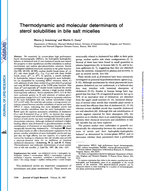 PDF Thermodynamic And Molecular Determinants Of Sterol Solubilities