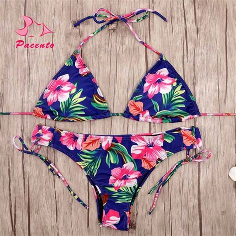 Pacento Print Floral Halter Bikini Brazilian Bottom Beach Bather