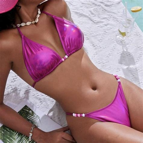Women S Metallic Hot Pink String Bikini Beaded Depop