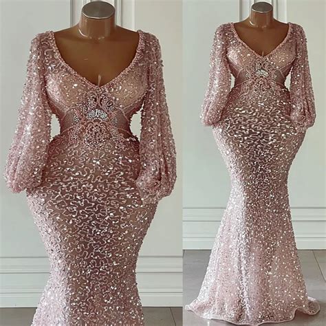 Pink Sequined Lace Mermaid Pink Sequin Prom Dress For Arabic Aso Ebi