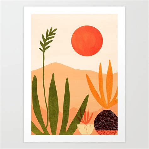 an art print with plants and a sun in the background