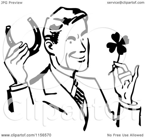 Clipart of a Black and White Retro Good Luck Man with a Horseshoe and ...