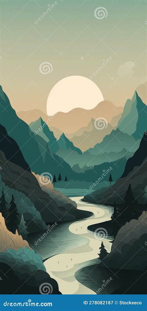 Boho Art Style Minimalist Mountain Landscape In The Valley Stock