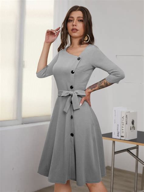 Asymmetrical Neck Button Front Belted Dress Shein Usa