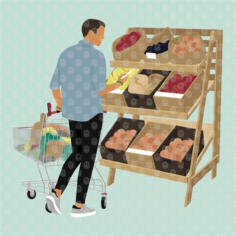 Archade Man Looking At Paper With Shopping Cart Vector Drawings