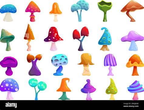 Fantasy Mushrooms Icons Set Cartoon Vector Magic Fungi Amanita User