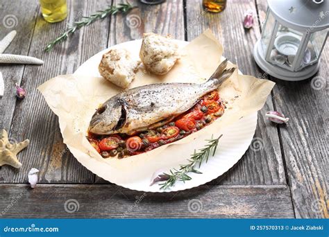 Roasted Sea Bream Served With Vegetables On A Plate Top View Whole