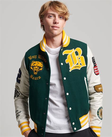 Herren College Varsity Bomberjacke mit Aufnähern Emaillegrün