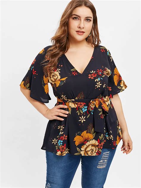 Wipalo Women Floral Print Plus Size Belted Blouse Plunging Neck Half