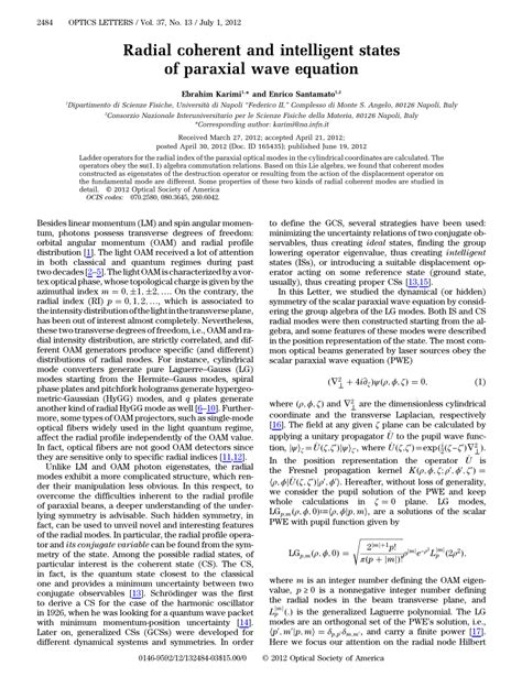 Pdf Radial Coherent And Intelligent States Of Paraxial Wave Equation