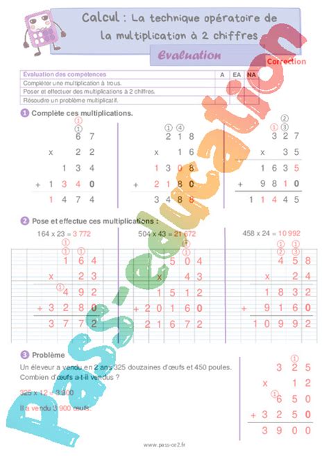 Technique opératoire de la multiplication à 2 chiffres Évaluation de