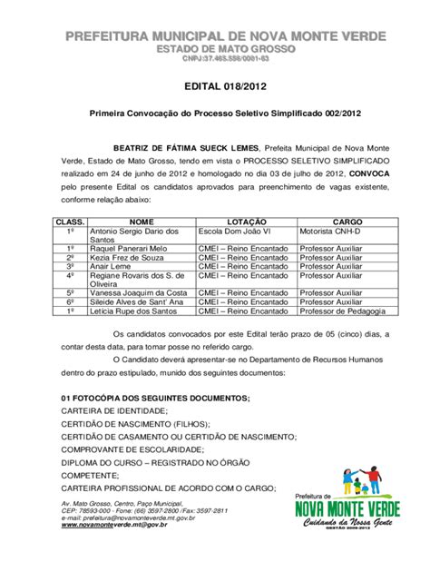 Preenchível Disponível Primeira Convocao do Processo Seletivo