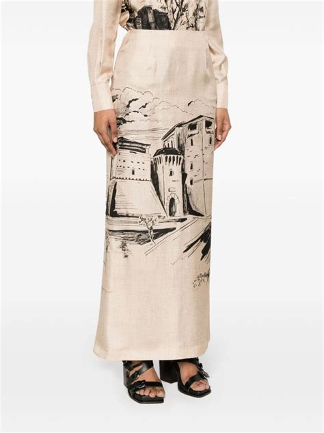 Alberta Ferretti Castle Print Maxi Skirt Neutrals FARFETCH