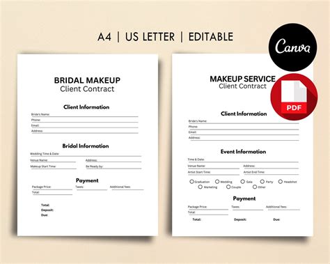 Editable Bridal Makeup Makeup Service Contracts Bundle Pdf Files