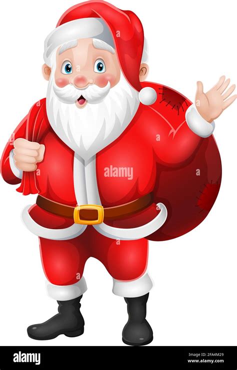 Santa Claus Carrying A Bag Of The Presents Waving Hand Stock Vector