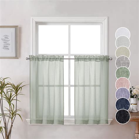 OVZME Dolly Faux Linen Sheer Kitchen Curtains 36 Inch Length 2 PCS