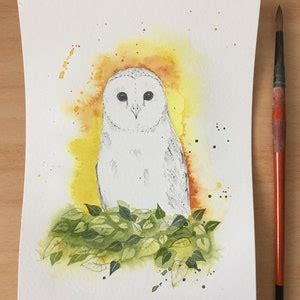 Original Artwork White Barn Owl Drawing, Watercolor Painting Background ...