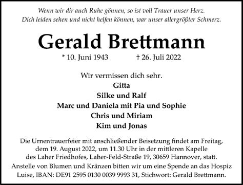 Traueranzeigen Von Gerald Brettmann Trauer Anzeigen De