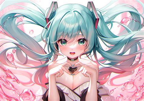 Heart Hatsune Miku Blushing Vocaloid Heart Hands Cleavage Choker