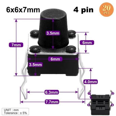 20 pièces 6x6x7mm Micro bouton poussoir Tactile momentané Pcb 6x6mm x 4