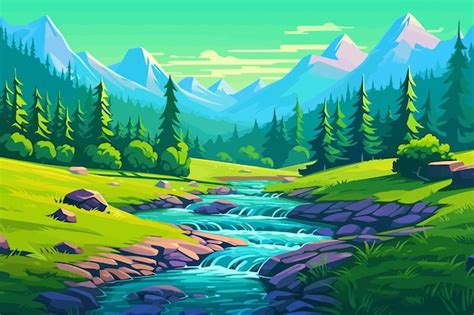 Ilustração de floresta verde rio Vetor Premium