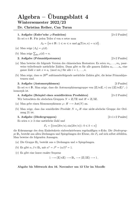 Blatt Algebra Ubungsblatt Wintersemester Dr Christian