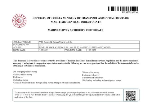 International Marine Survey Certificates