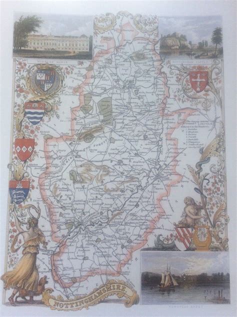 Nottinghamshire Antique Colour Map Thomas Moule County Maps Of Old England 14“ For Sale