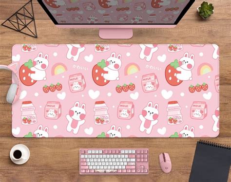 Cute Deskmat Kawaii Strawberry Milk Cute Mousepad Anime Aesthetics