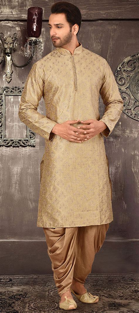 Beige And Brown Color Art Dupion Silk Fabric Dhoti Kurta 1660493