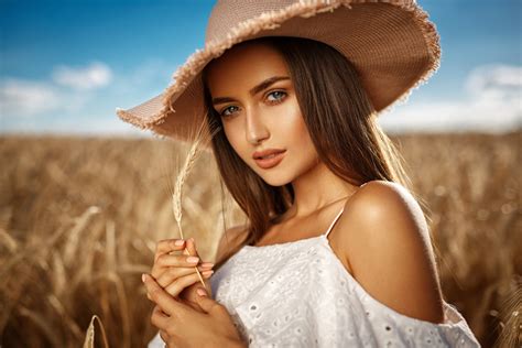 Summer Girl Model Blue Eyes Hat Brunette Depth Of Field Wheat