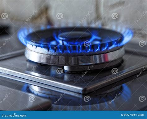 Flames Of Blue Gas Close Up Burning Fire Ring From A Kitchen Gas Stove