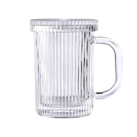 390ml Classic Vertical Ribbed Clear Glass Coffee Mug With Lid Shop