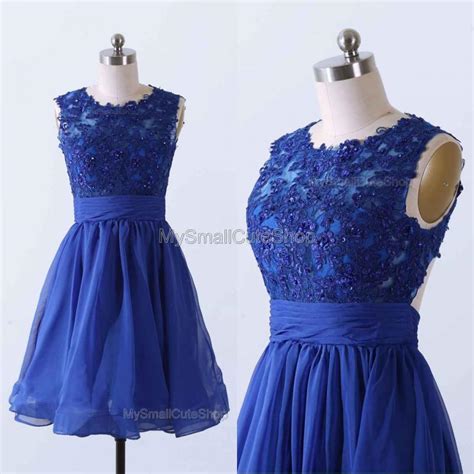 Royal Blue Prom Dresschiffon Bridesmaid Dresslace Applique Formal Dressknee Length Party