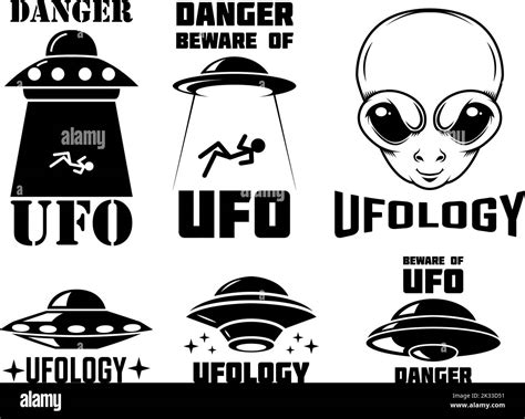 Set Of Emblems With Ufo Alien Ufology Signs Vector Illustration