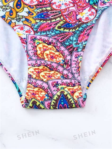 SHEIN Swim Set Bikini Con Stampa Mandala Top Con Nodo Frontale Halter