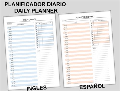 Planificador Diario Ingles Español Daily Planner Printable Etsy México