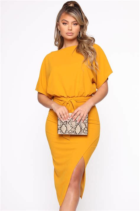 Please Hold Midi Dress Mustard Fashion Nova