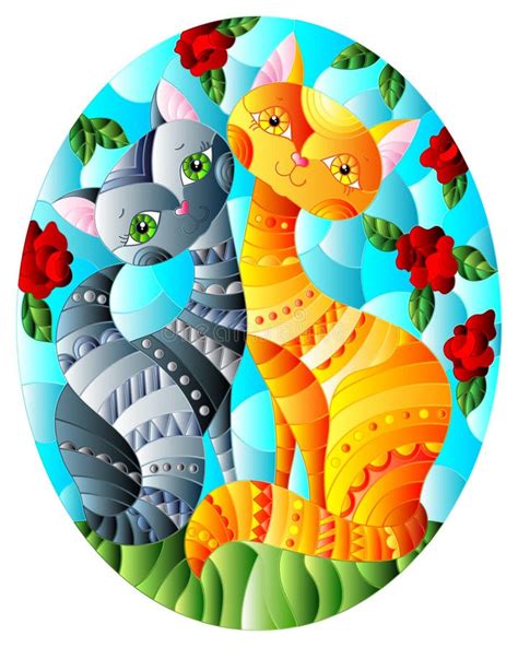 A Stained Glass Illustration With A Pair Of Bright Cartoon Cats Against A Blue Sky And Rose