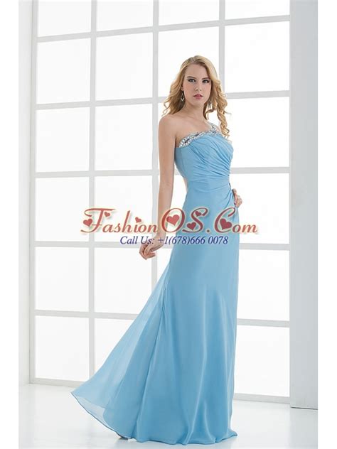 Blue Column One Shoulder Beading Chiffon Ruching Prom Dress 11495