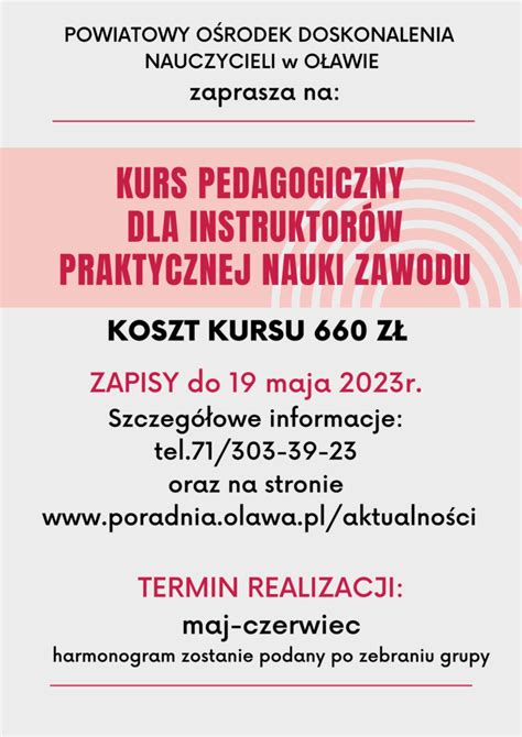 Kurs Pedagogiczny Dla Instruktor W Praktycznej Nauki Zawodu R