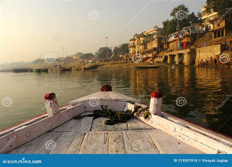 Ganges River Ghat With Ancient City Architecture As Viewed From A Boat